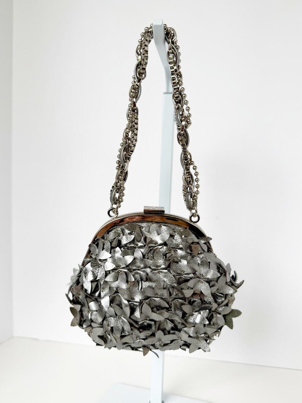 Coach Poppy 3D Floral Applique Metallic Silver Leather Mini Evening Bag 18728